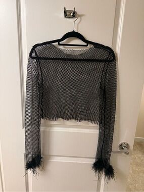 Black Sheer Fishnet Long-Sleeve Top with Feather Cuffs